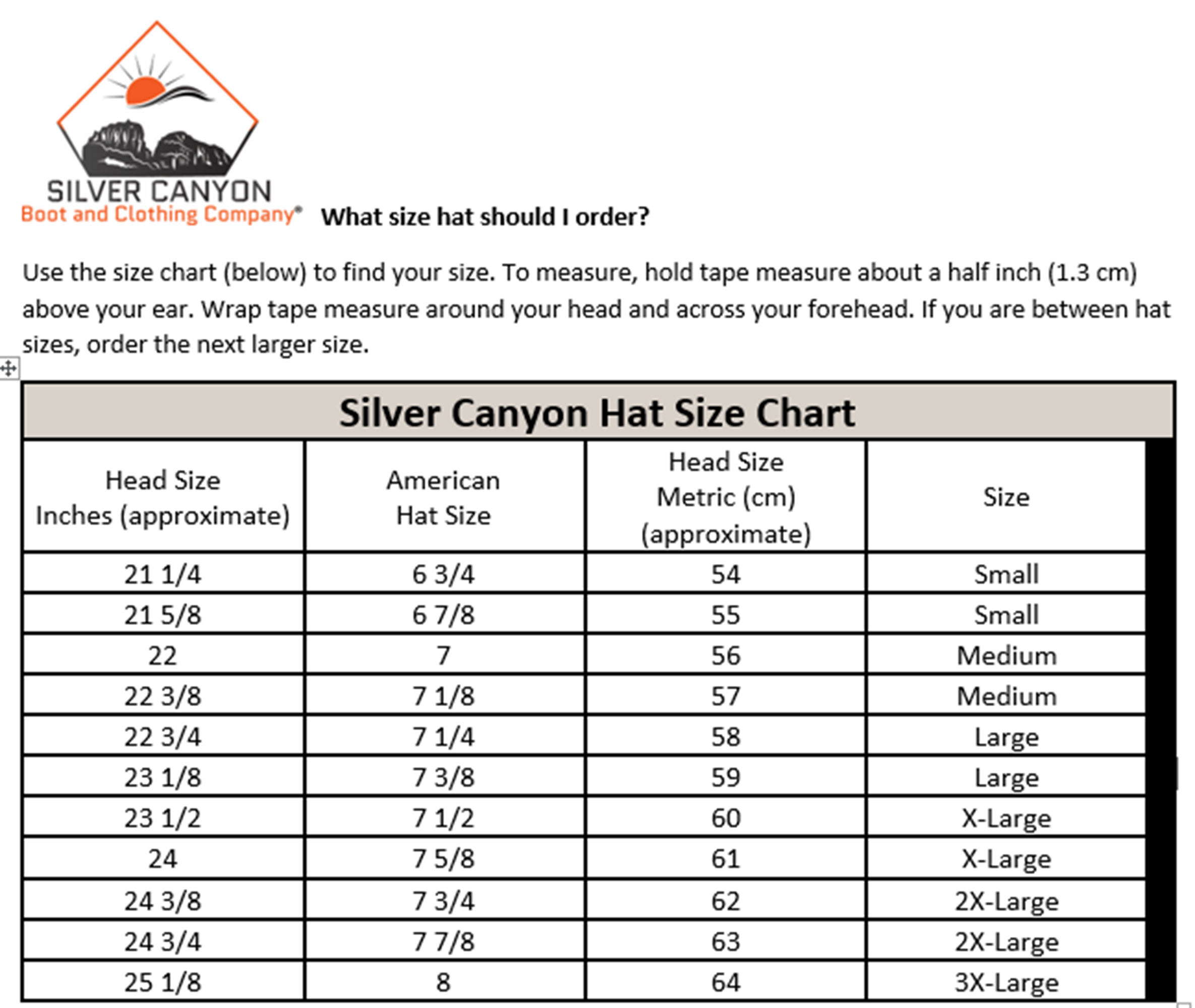7 1 4 Hat Size Chart