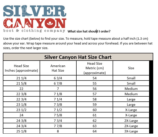 Silver Canyon Hat Fit And Size Chart Western Outlets