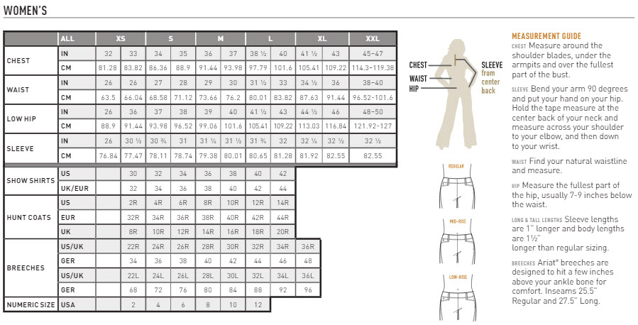 Ariat Clothing Size Chart